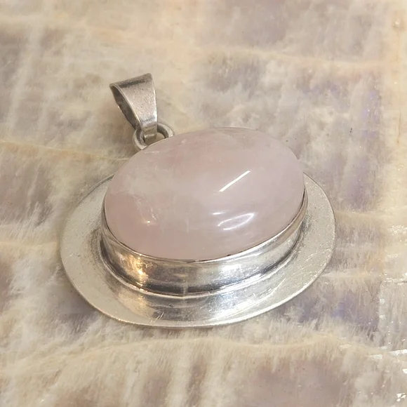 Rose Quartz Sterling Silver Mexico 925 Pendant 16 Grams - Picture 9 of 11